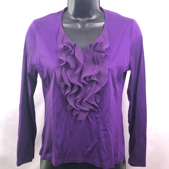 Eggplant purple color stretchy elegant ruffled top - Picture 2 of 6